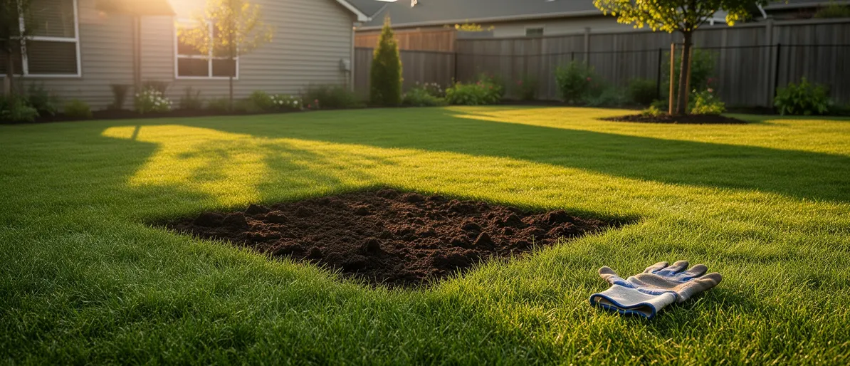 Ein gepflegter Garten mit frisch umgegrabener Erde und einem einzelnen Arbeitshandschuh im späten Nachmittagslicht.