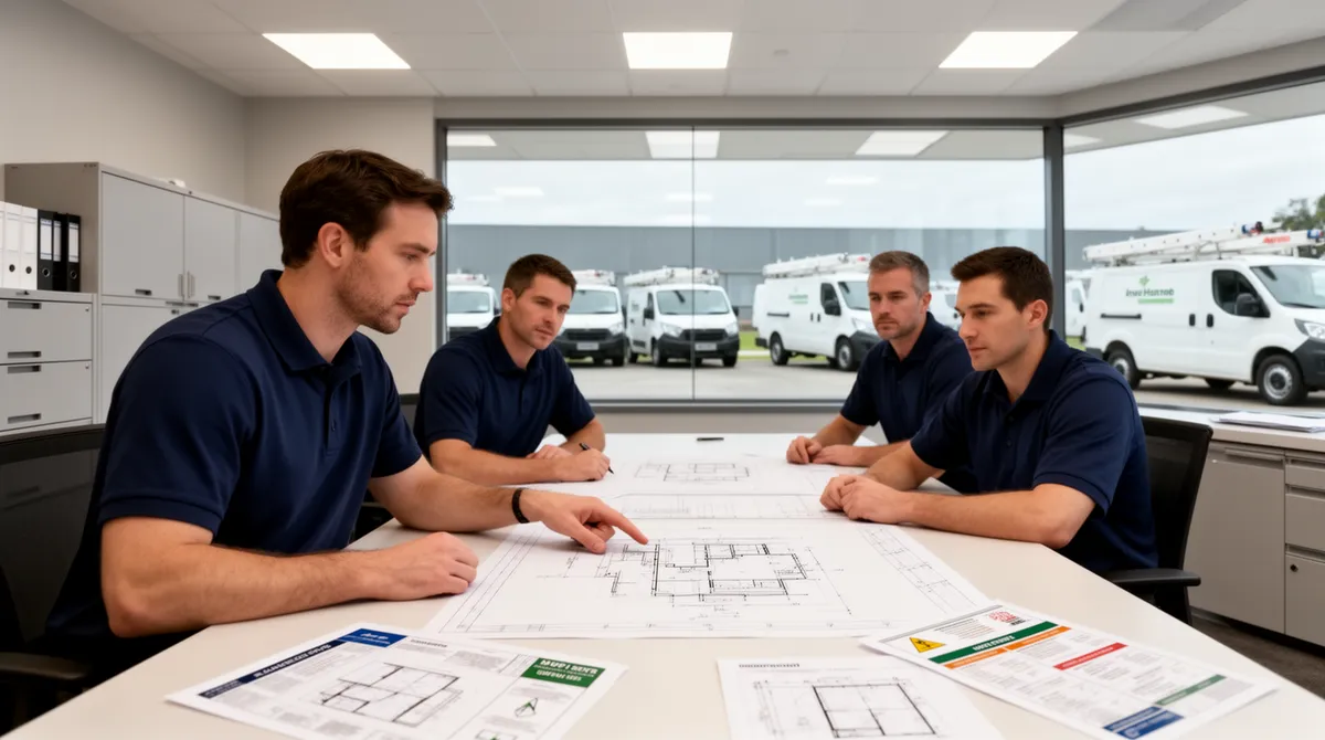 Ein Team in blauen Polohemden bespricht technische Pläne an einem Tisch in einem modernen Büro.