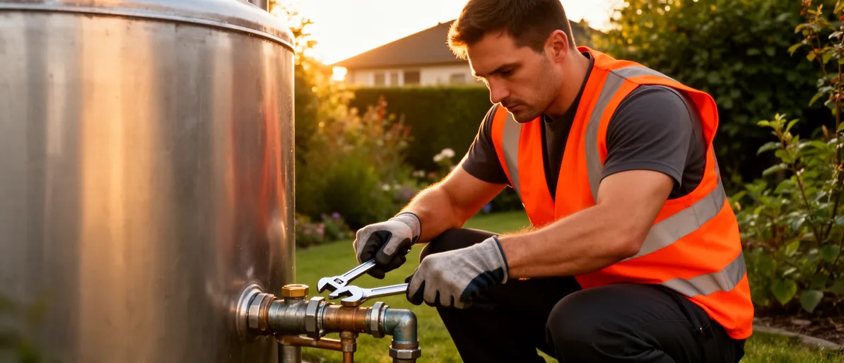 Ein Arbeiter in orangefarbener Warnweste hockt neben einem Metalltank und löst mit einem Schraubenschlüssel Rohre.