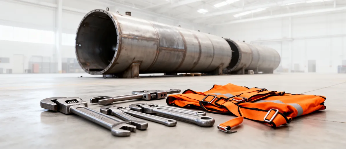 Werkzeuge und orange Schutzkleidung auf Betonboden vor einem teilweise zerlegten Stahltank in einer Halle.