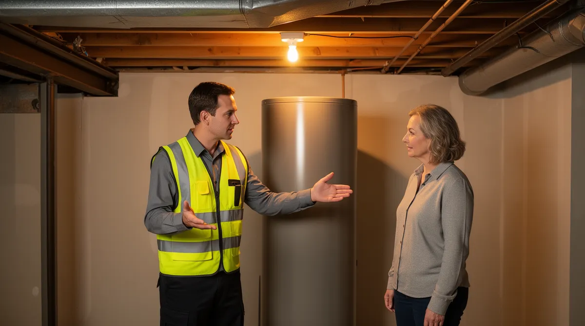 Techniker in Warnweste berät Hausbesitzer im Keller und zeigt auf einen großen zylindrischen Metalltank.