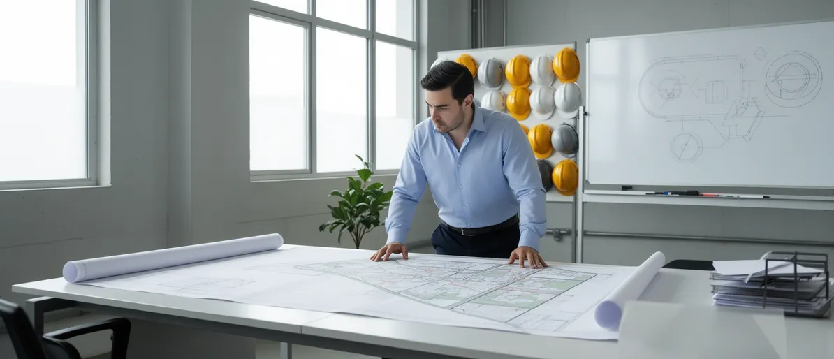 Ein Projektmanager prüft eine große Standortkarte auf einem Schreibtisch in einem sauberen Industriebüro.