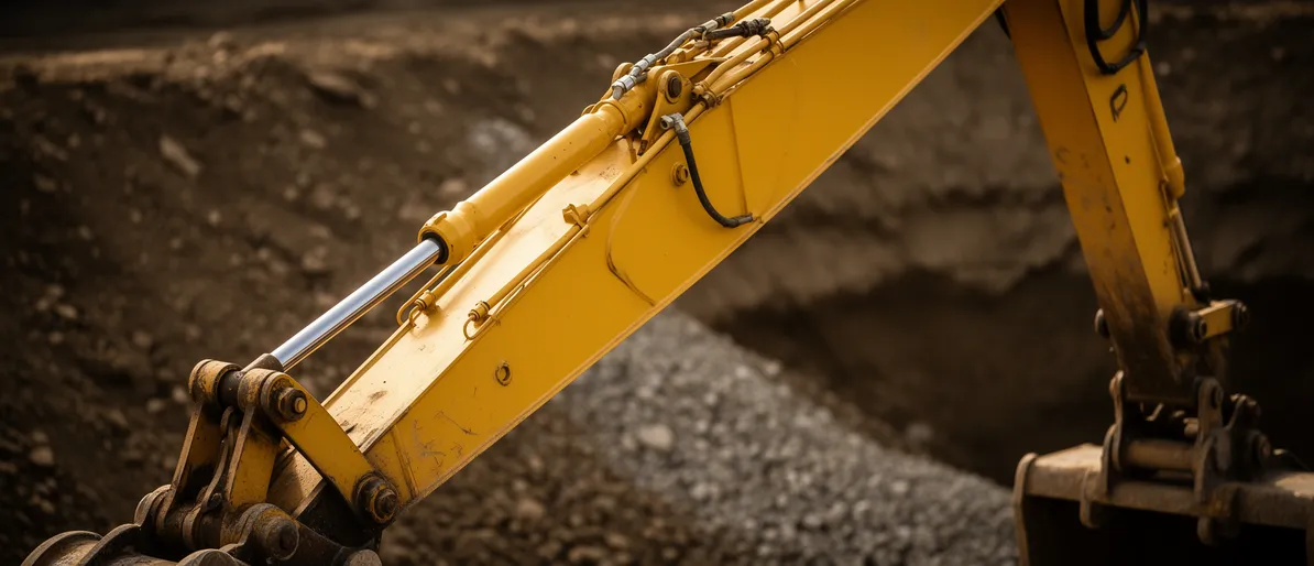 Ein gelber Hydraulikbaggerarm gräbt in Erde und Kies auf einer Baustelle.