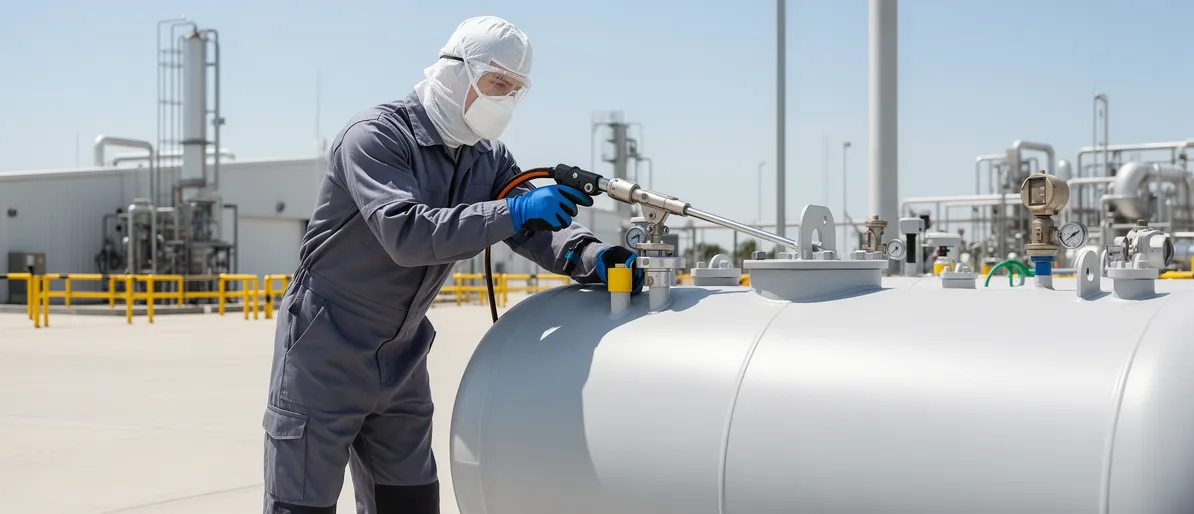 Ein Techniker in Schutzausrüstung bedient ein hydraulisches Werkzeug an einem großen zylindrischen Brennstofftank.