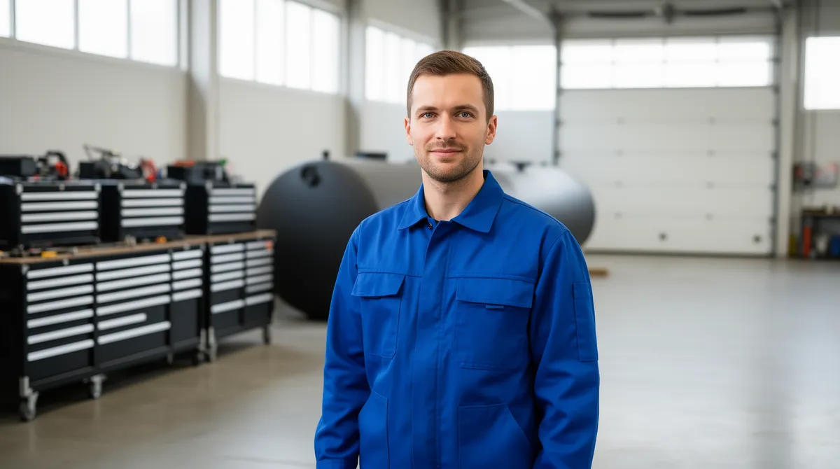 Ein Fachmann in blauer Arbeitskleidung steht in einer aufgeräumten Werkstatt vor Werkzeugkästen und einem dunklen Tank.