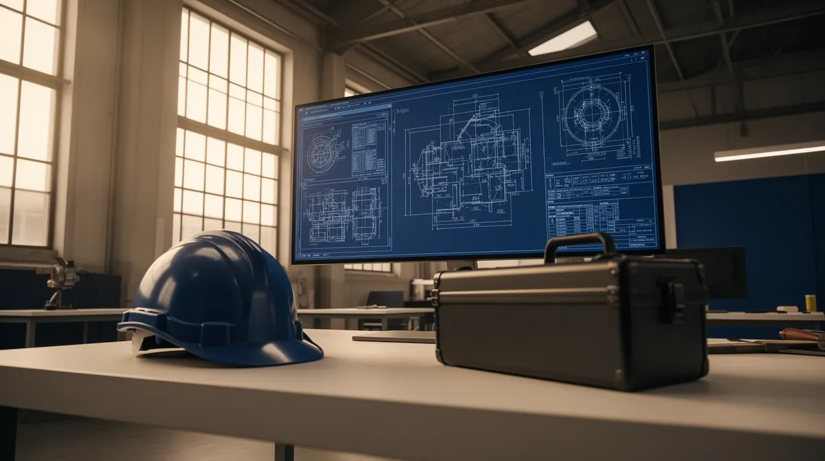 Ein modernes Industriebüro mit Blaupausen auf einem großen Monitor, Schreibtisch mit Helm und Werkzeugkoffer.