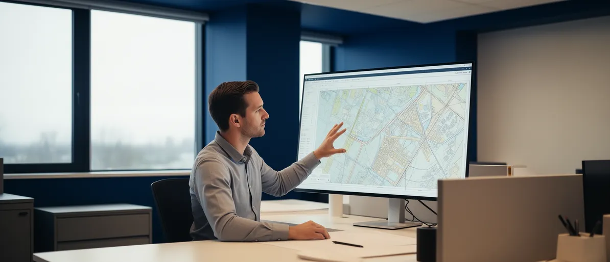 Ein Umwelttechniker prüft eine digitale Standortkarte an einem Monitor in einem modernen Büro.