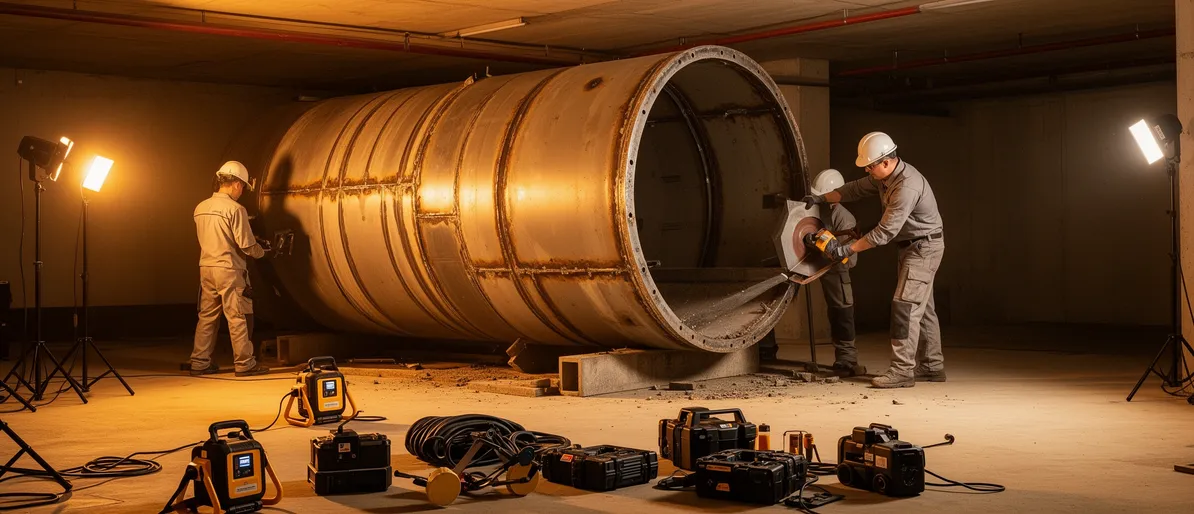 Arbeiter in Schutzkleidung zerlegen einen großen zylindrischen Öltank im Keller mit Metallschneidewerkzeugen.
