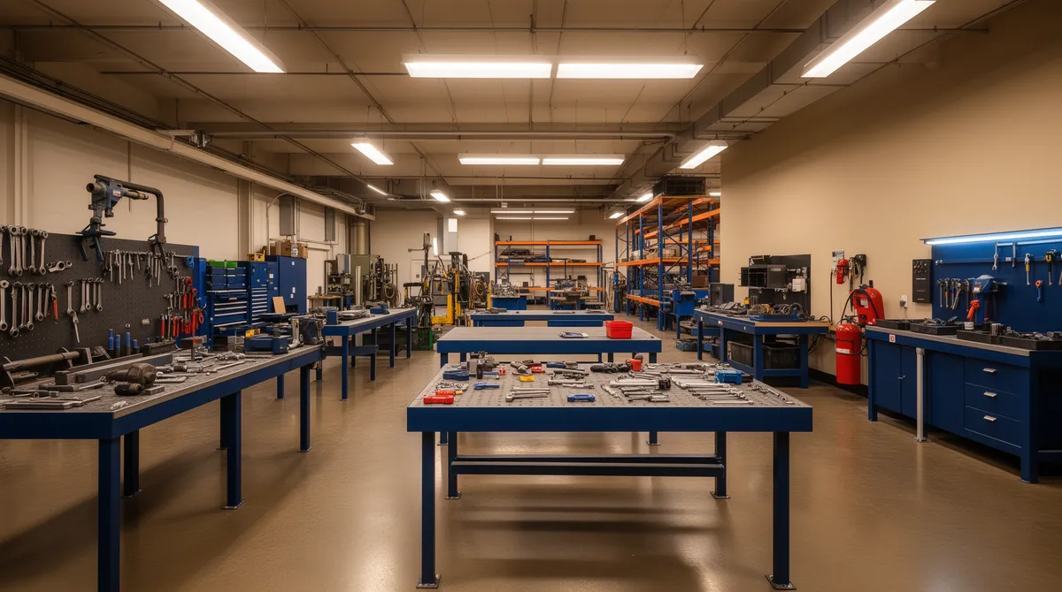 Saubere Industriewerkstatt mit Metallwerkbank, ordentlichem Werkzeug, Regalen und Sicherheitsausrüstung.