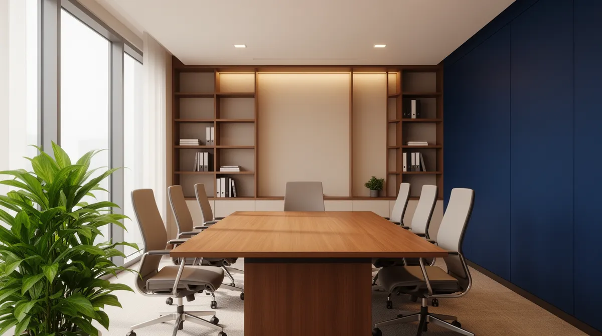 Ein Beratungszimmer mit hölzernem Konferenztisch, modernen Stühlen, großen Fenstern, Regalen und einer grünen Pflanze.
