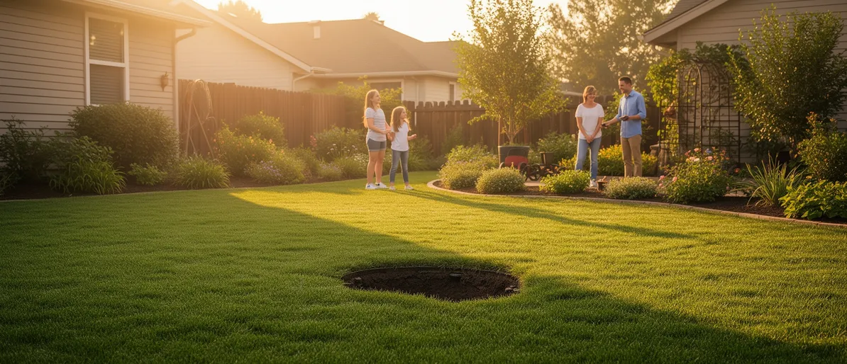 Eine Familie genießt den Abend in einem neu gestalteten Garten mit saftigem Rasen und Blumenbeet.