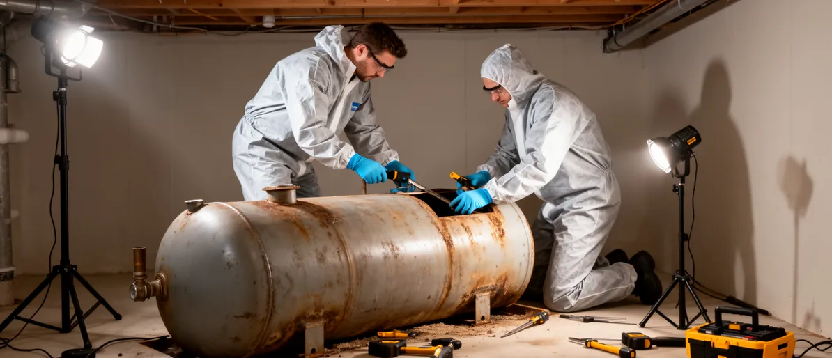 Zwei Techniker in Schutzausrüstung demontieren einen alten Heizöltank in einem sauberen Keller.