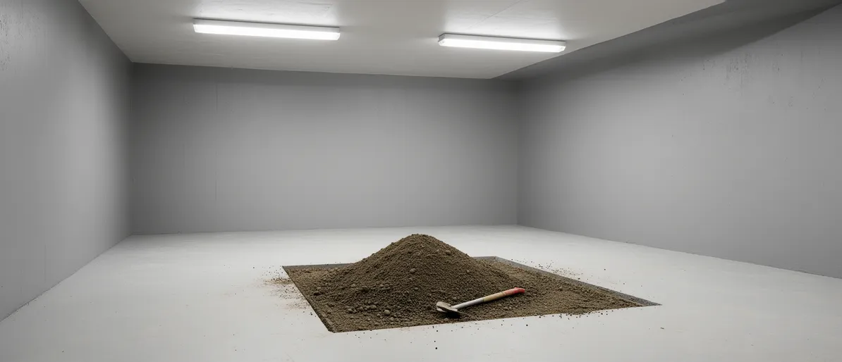 Ein leerer, sauberer Kellerraum mit frisch gestrichenen Betonwänden und einer versiegelten Bodenstelle.