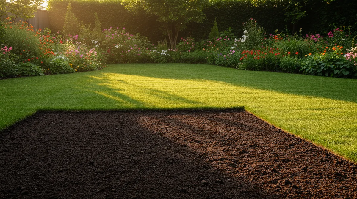 Ein friedlicher Garten am späten Nachmittag mit gepflegtem Rasen, Blumenbeeten und frisch aufbereiteter Erde.