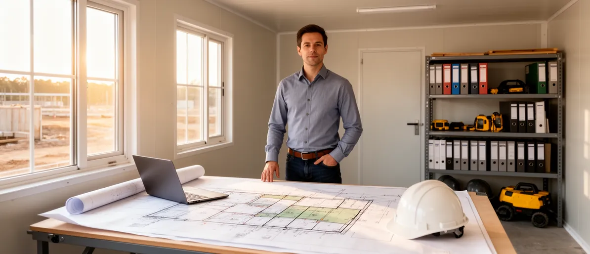 Ein Projektmanager steht in einem Bürocontainer auf einer Baustelle vor einem detaillierten Bauplan auf einem Tisch.
