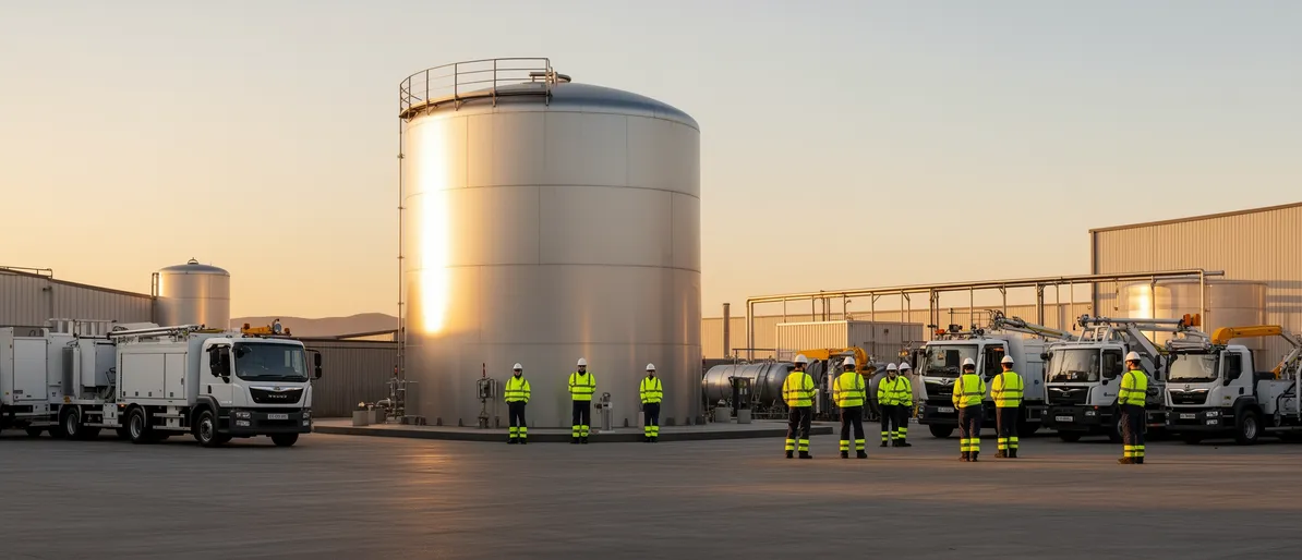 Ein Team in Warnwesten arbeitet an einem Metalltank in einem Industriehof bei Sonnenuntergang.