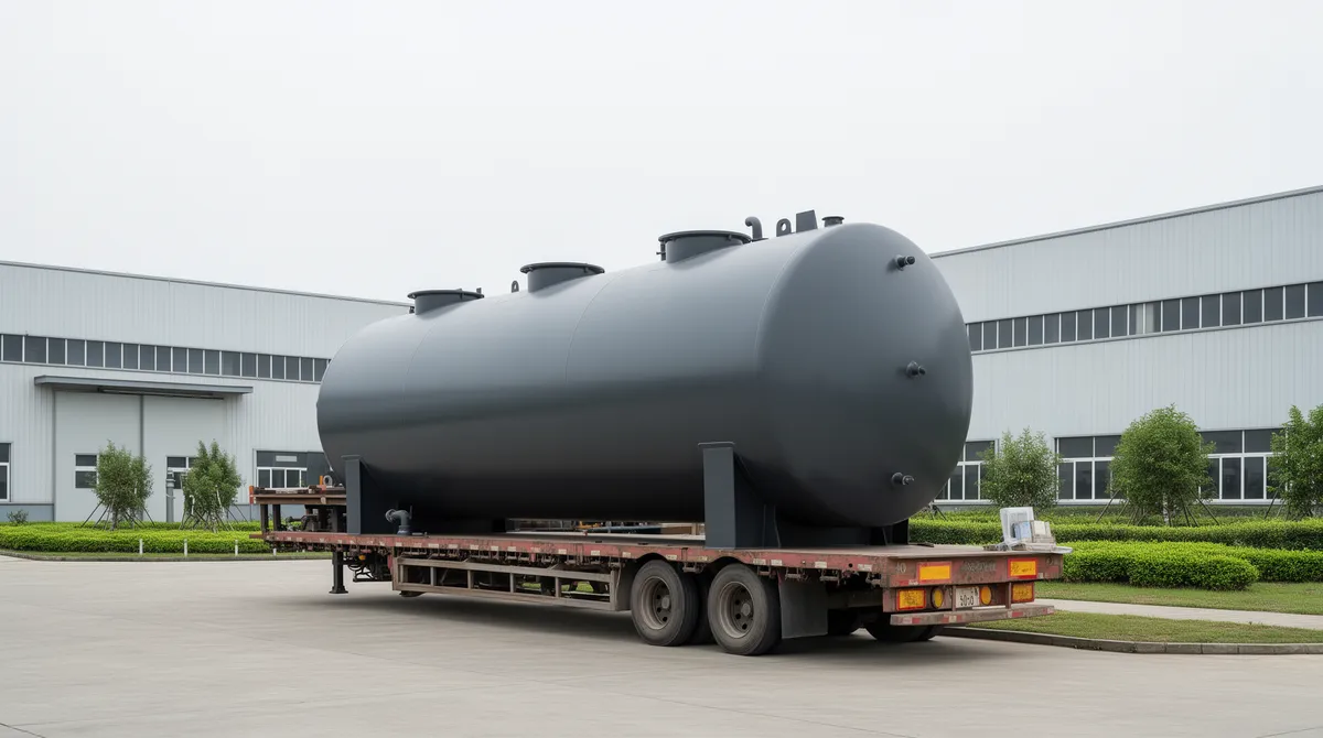 Ein großer grauer Lagertank auf einem Tieflader vor einer modernen Industrieanlage.