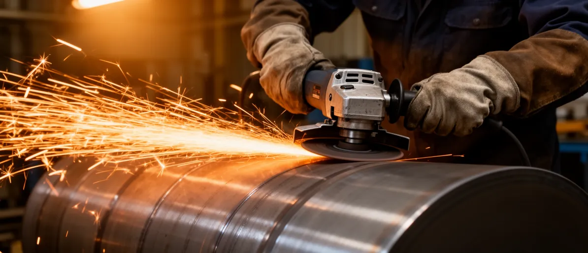 Behandschuhte Hände bedienen ein Schneidwerkzeug an einer zylindrischen Metalloberfläche unter Funkenflug.