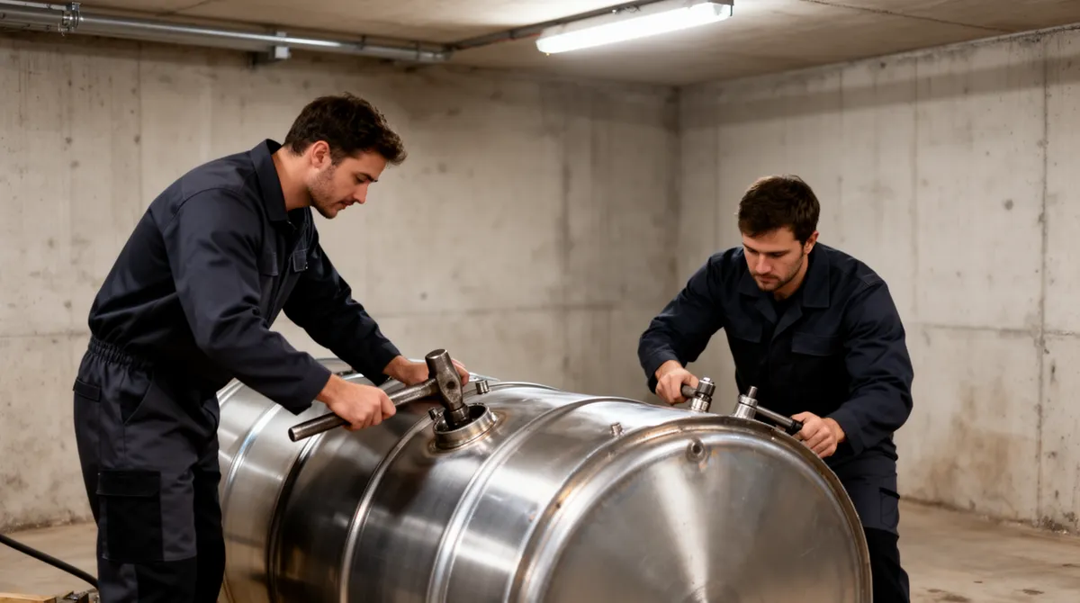 Zwei Techniker demontieren mit schwerem Werkzeug einen großen zylindrischen Öltank in einem Betonkeller.