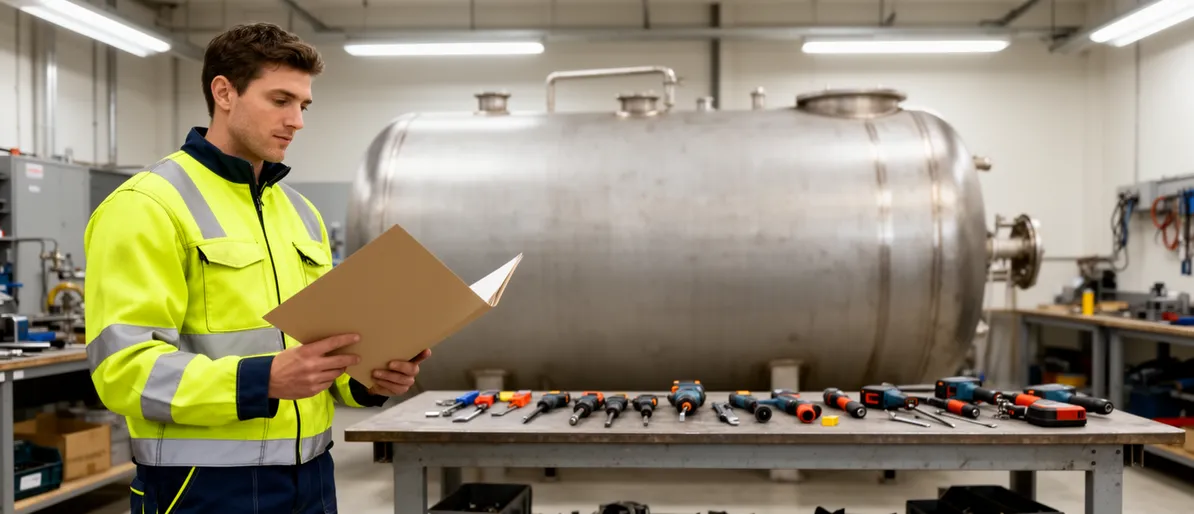 Ein Techniker in Warnkleidung prüft einen Ordner vor einem großen Stahltank in einer Werkstatt.