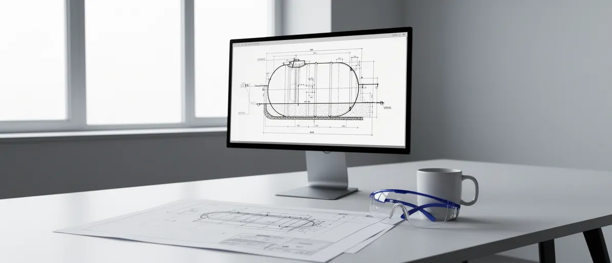 Ein moderner Schreibtisch mit Monitor, der ein Schema eines unterirdischen Tanks zeigt, und einer Bauzeichnung.
