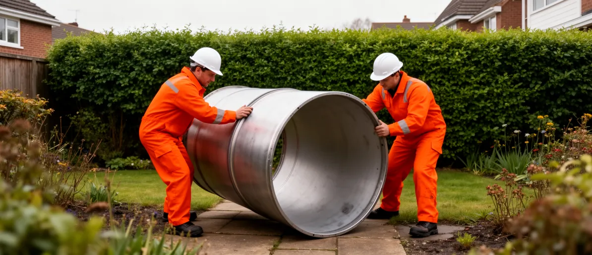 Zwei Arbeiter in orangen Overalls und weißen Helmen tragen einen zylindrischen Metalltank durch einen Gartenweg.