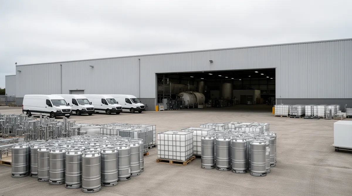 Industrielle Tankentsorgungsanlage mit Lagerhalle, offenen Toren, weißen Transportern und leeren Metalltanks.