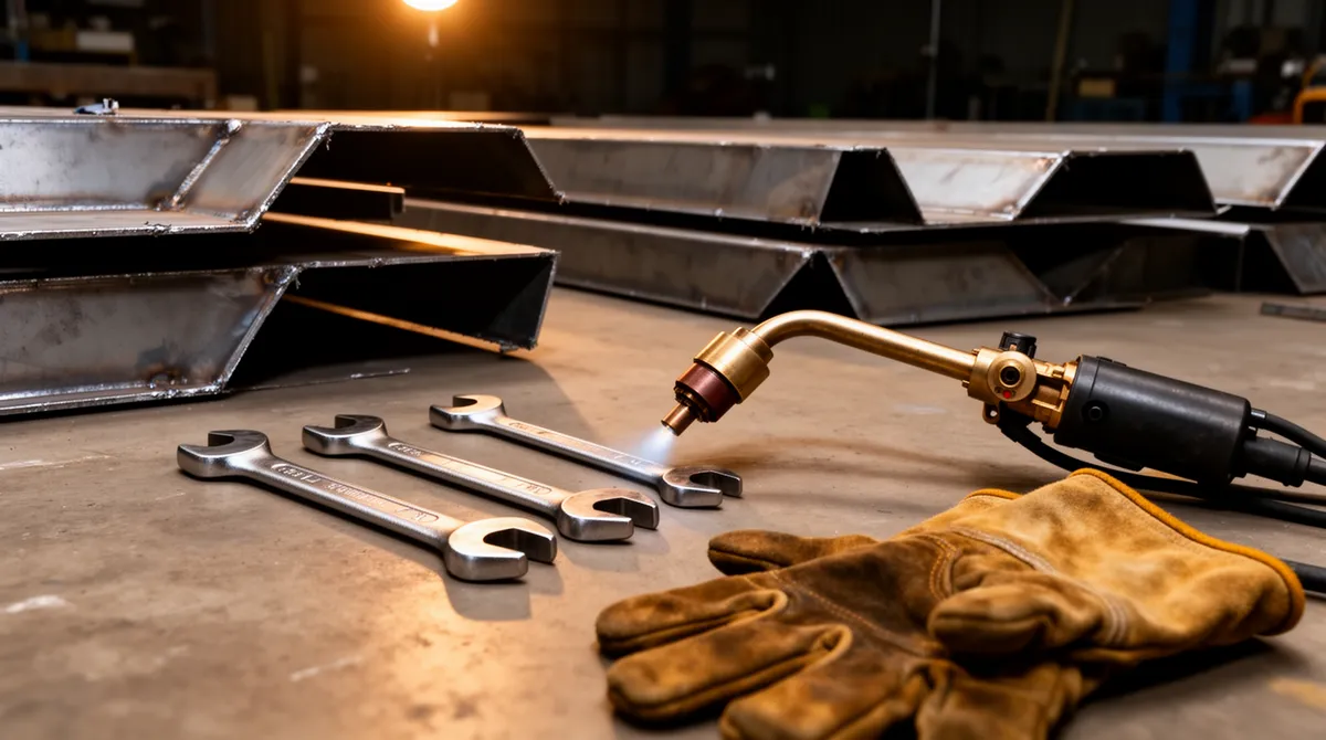 Abbruchwerkzeuge, Schneidbrenner und Handschuhe auf Betonboden vor gestapelten Metallpaneelen.