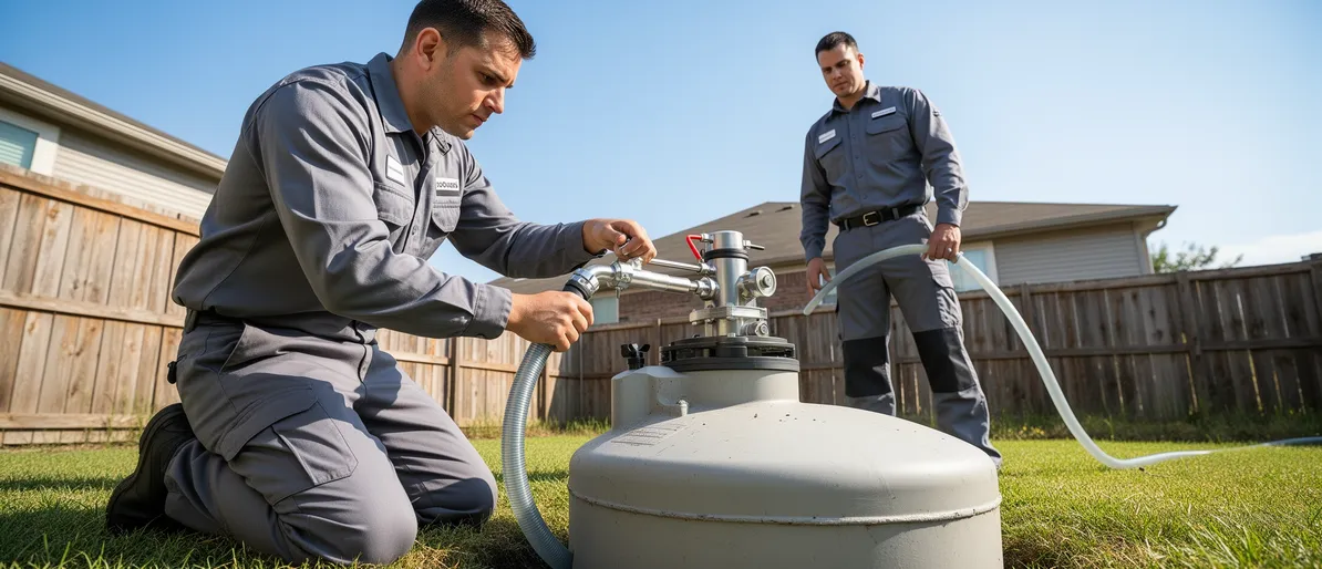 Zwei Techniker in grauen Uniformen arbeiten mit einer Pumpe an einem unterirdischen Tank in einem Garten.