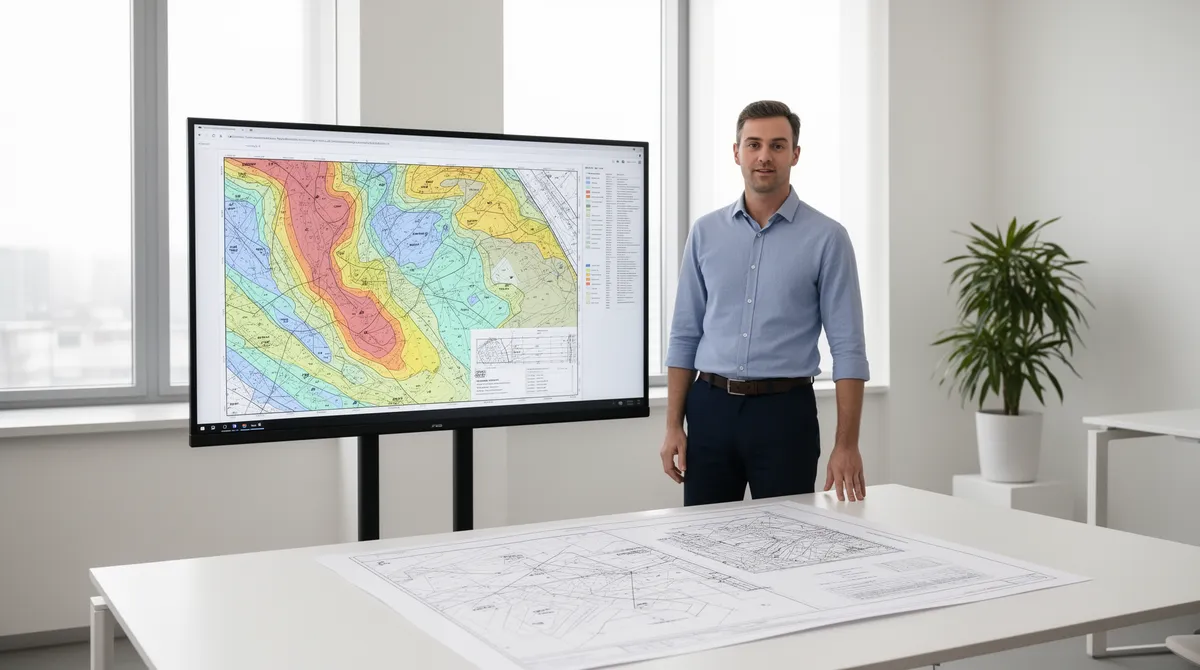 Ein Umweltberater steht vor einem Monitor mit geologischen Karten in einem modernen Büro.