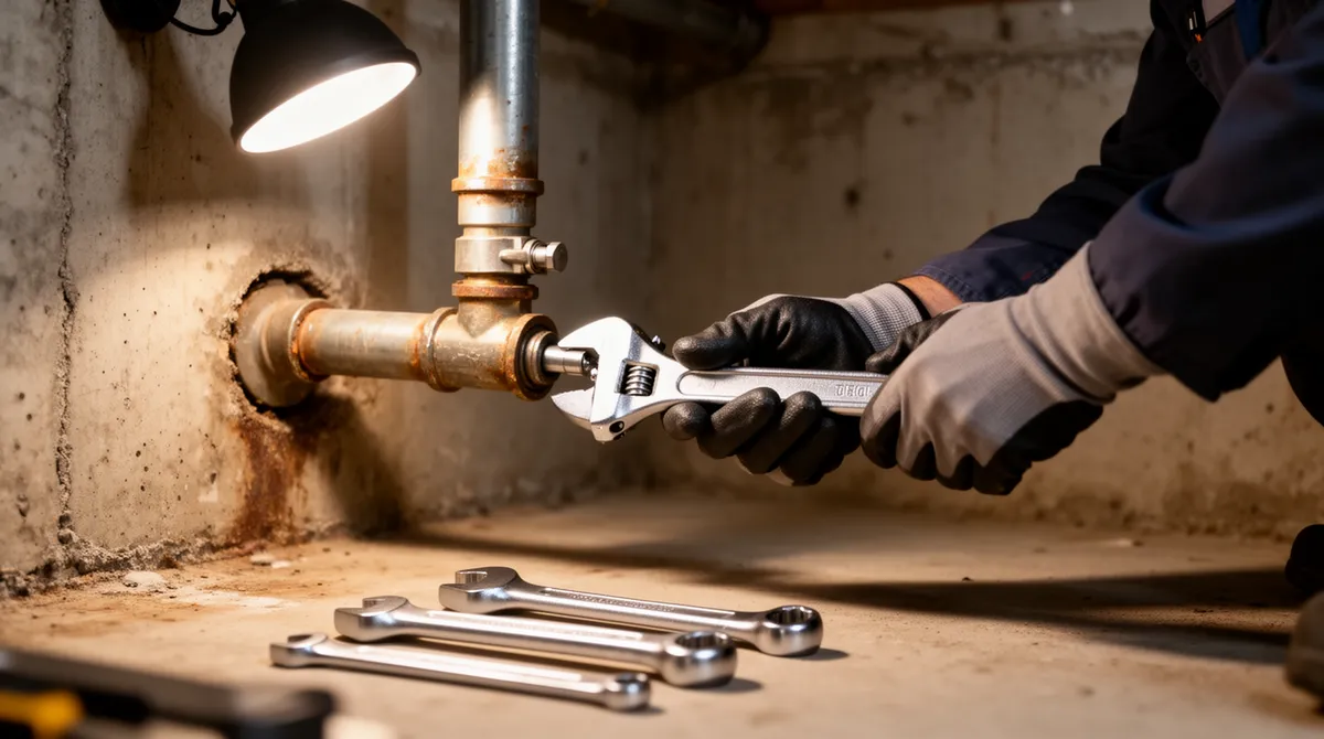 Ein Arbeiter löst mit einem Schraubenschlüssel ein Metallrohr von einem alten Öltank im Keller.