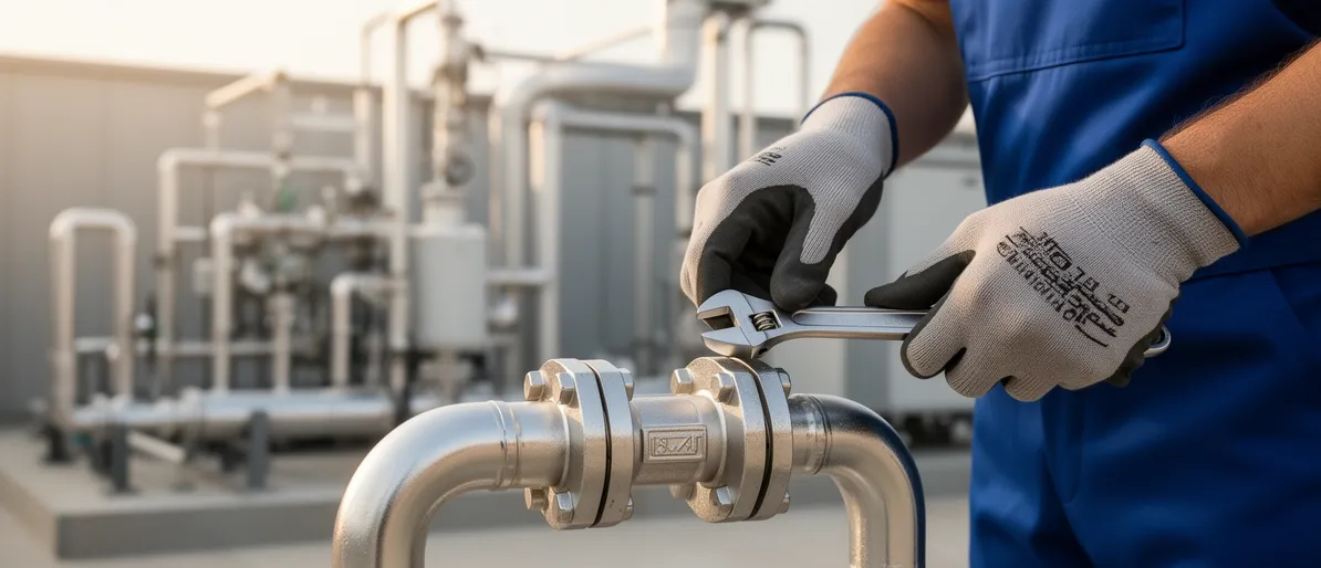 Ein Handwerker mit Handschuhen arbeitet mit einem Schraubenschlüssel an einer Metallrohrverbindung im Freien.