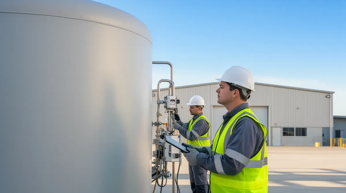 Arbeiter in Sicherheitskleidung inspizieren einen großen Tank in einer sauberen Industrieanlage.