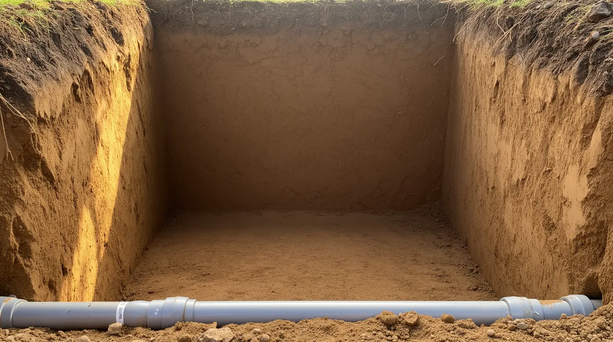 Ein leerer unterirdischer Tankhohlraum mit glatten Wänden und einem neuen Rohr im Vordergrund.