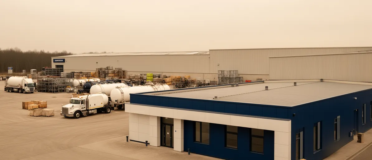 Industrieanlage zur Tankentsorgung mit modernem Lagerhaus, schlichten Fahrzeugen und gelagerter Ausrüstung.