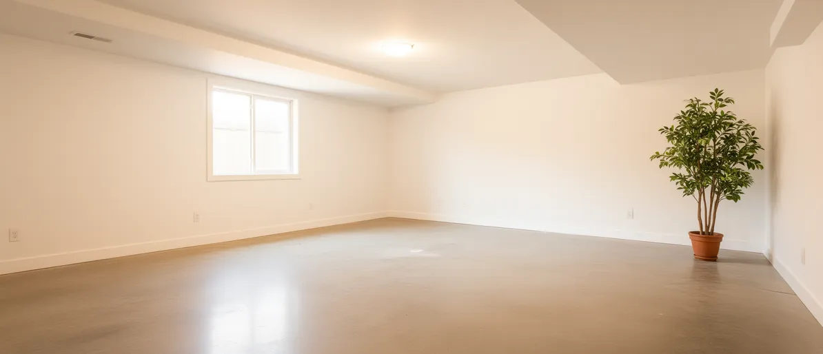 Leerer Keller mit glattem Betonboden, weißen Wänden, Tageslicht durch ein Fenster und einer grünen Pflanze.