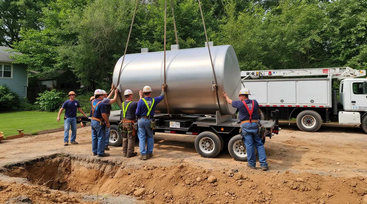 Ein Team in Sicherheitsausrüstung setzt einen großen Metalltank auf einen Spezialanhänger in einem Wohngebiet.